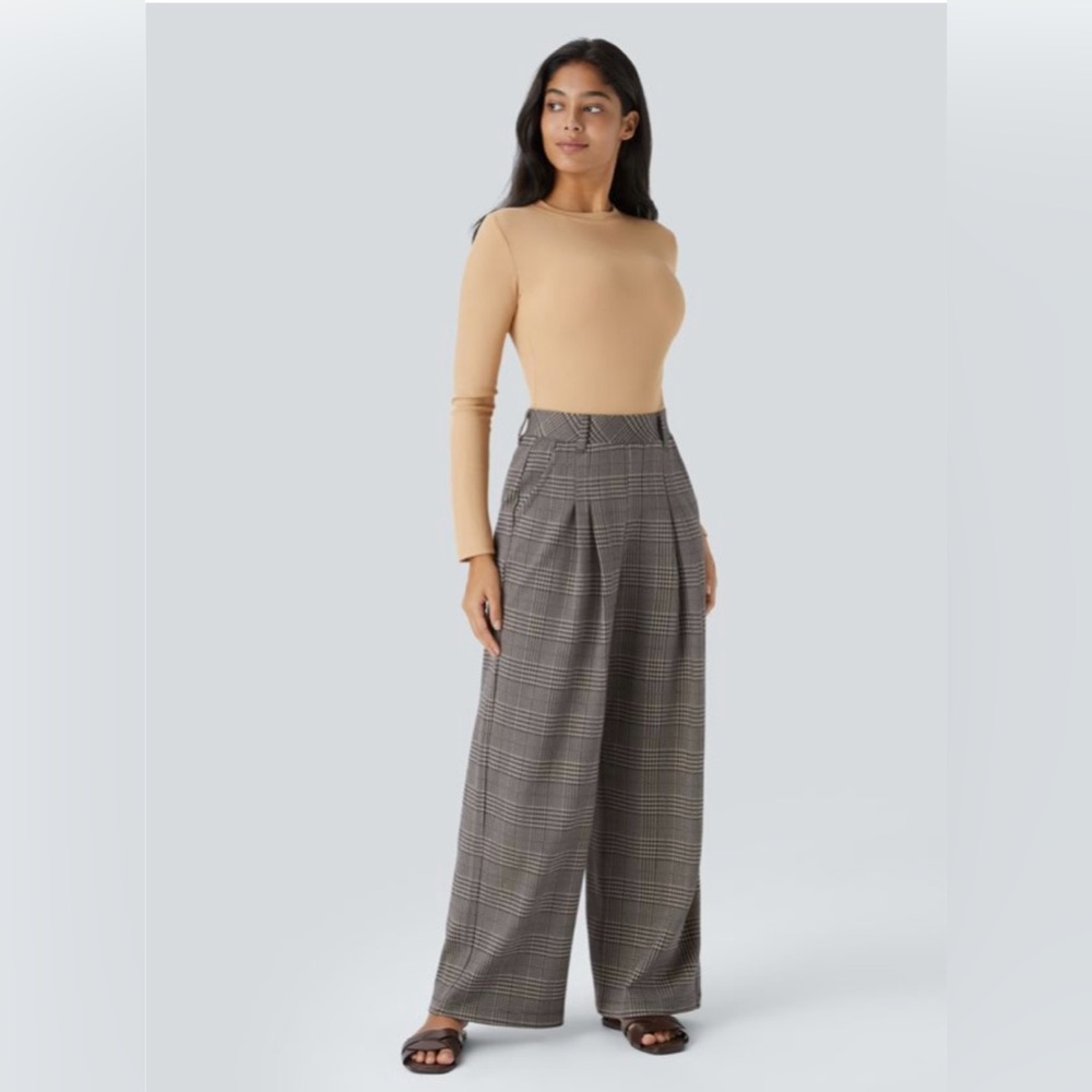 Halara High Waisted Side Pocket Wide Leg Houndstooth Plaid Casual Pants NWT - Picture 5 of 7